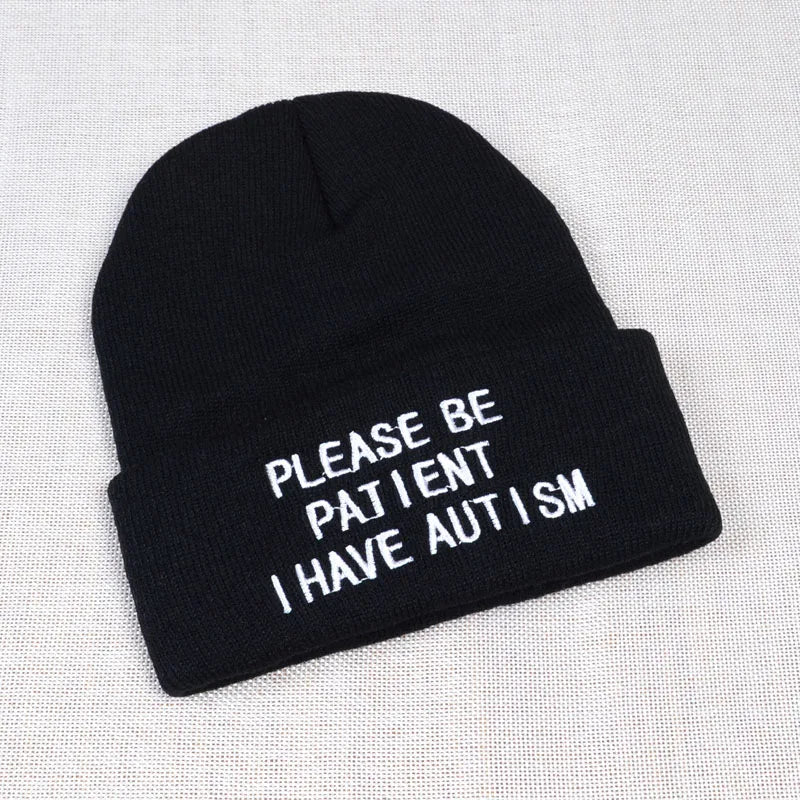 Please Be Patient I Have Autism Letter Embroidery Knitted Hat Men Women Warm Winter Beanie Outdoor Sports Skiing Beanies